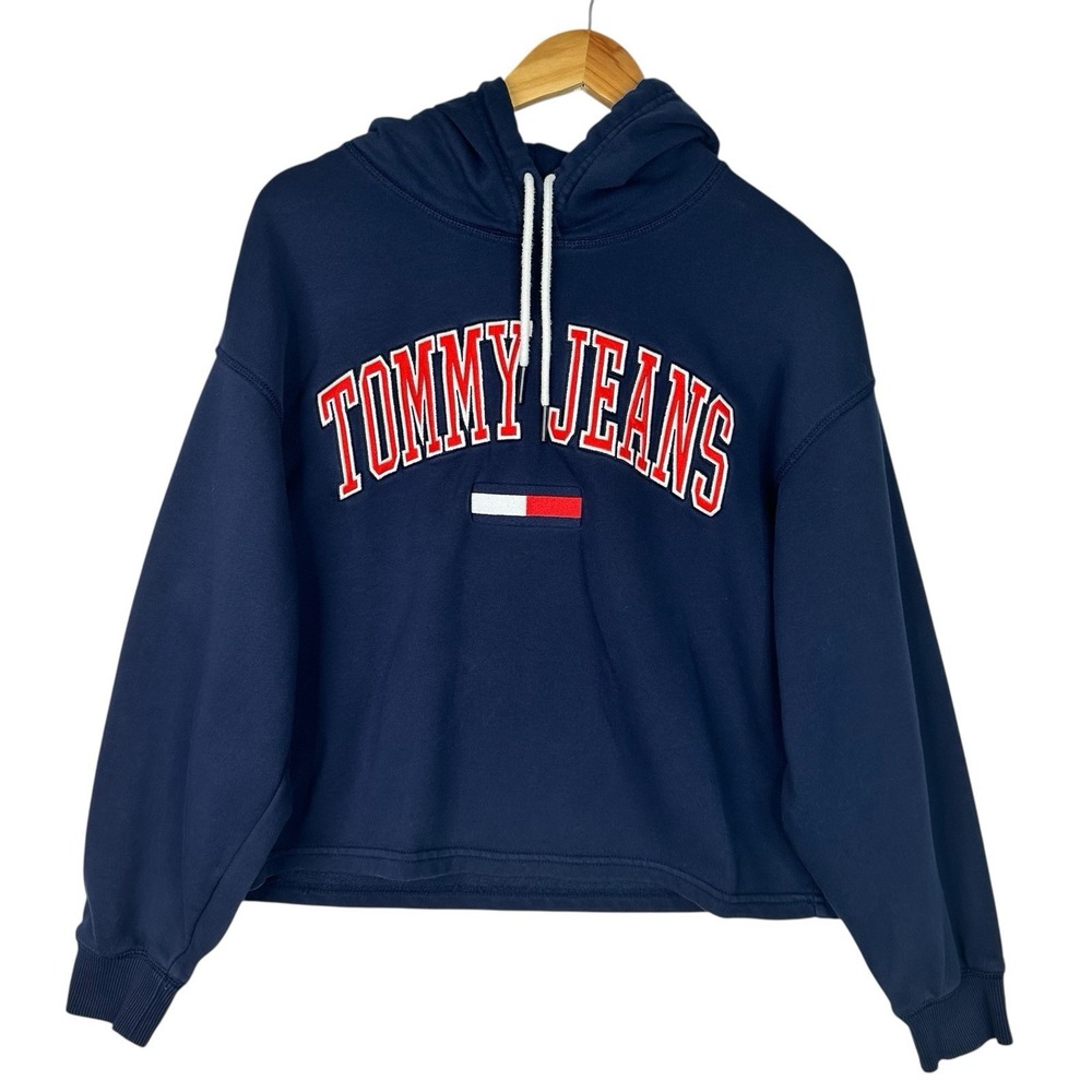 Tommy‎ Jeans Hoodie Women Small Navy Logo Spellout Cropped Sweatshirt Flag